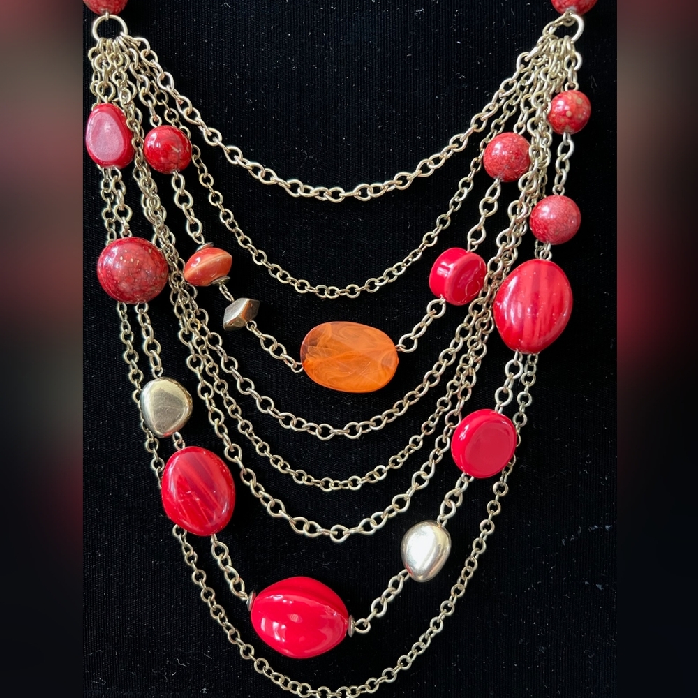 Vintage Elegant Red and Gold Multi-Layer Necklace